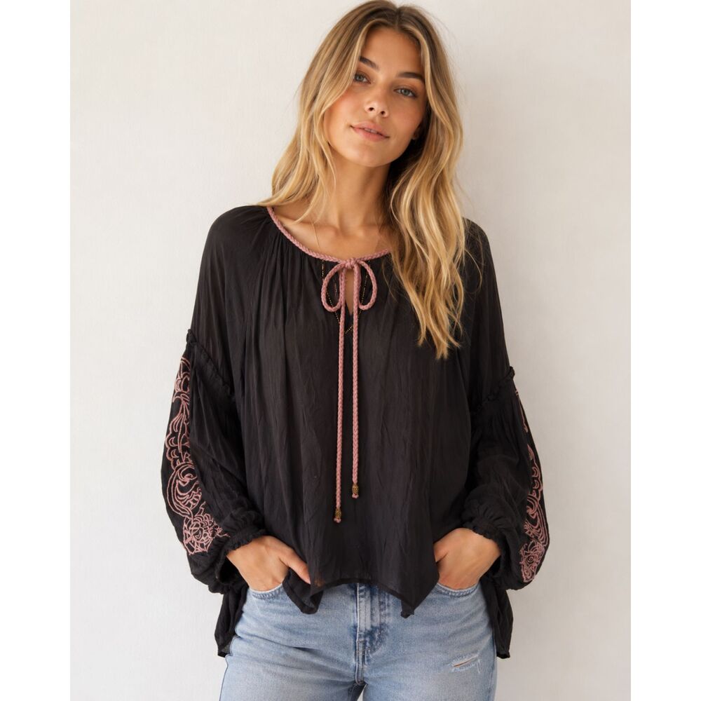 NWT NKN Nekane Black Boho Peasant Blouse Bell Sleeve - medium - $118 MSRP